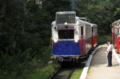 Bei diesem dichten Sonderfahrplan am Festwochenende gibt es in jedem Unterwegsbahnhof eine Zugkreuzung. Hier begegnet uns der bekannte Dieseltriebwagen ABamot 2 von der Waldbahn Lillafüred.
Schlüsselwörter: Budapest , Kindereisenbahn , MAV ,  ABamot 2