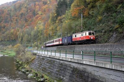 Es wird eng
Nahe der Ruine Weißenburg verengt sich das Pielachtal, es bleibt nur noch wenig Platz für Straße und Bahn. Während die Straße eine Felsnase gegenüber der Ruine umfährt, wählte die Bahn den direkten Weg durch den Fels. Auch 1099 004-2 wird mit dem Eilzug "Ötscherland" in wenigen Augenblicken ins Dunkel eintauchen.
Schlüsselwörter: Mariazellerbahn , MzB , Talstrecke , 1099 , 1099 004 , Ötscherland