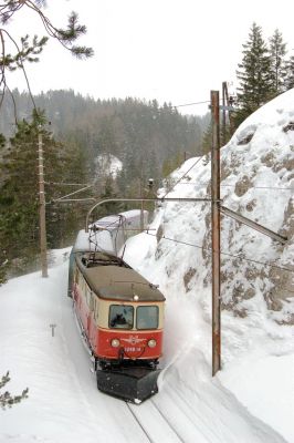 Kein Winterschlaf für den Ötscherbären
Auf der Bergstrecke sind heute alle 1099 mit dem Schneepflug versehen. 1099.14 bringt den Eilzug "Ötscherbär" durch die Zinken und obwohl die Strecke heute bereits befahren wurde, zieht auch sie eine kleine Schneefontäne unter den altehrwürdigen Fahrleitungsmasten.
Schlüsselwörter: Mariazellerbahn , MzB , Bergstrecke , Südrampe , Zinken , 1099 , Ötscherbär