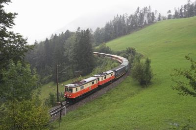 Die erste 1099-Doppeltraktion des Tages auf Talfahrt bei Winterbach. Sind bis jetzt die Niederschläge südlich des Gösingtunnels niedergegangen, so ziehen sie nun hinüber auf die Nordrampe. Es wird, so wie hier beim Hotel Winterbach, zusehends nasser. 
Schlüsselwörter: Mariazellerbahn , MzB , 1099 , Papstbesuch , Winterbach