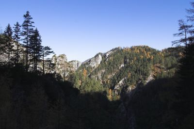 In den Zinken, die Schattenrisse verdeutlichen ein fotografisches Problem in diesem Abschnitt: Während die umliegende Landschaft im besten Licht der Vormittagssonne erstrahlt, liegt die Bahntrasse um diese Zeit im Schatten, was die Wahl der Fotomotive doch reichlich erschwert.
Schlüsselwörter: Mariazellerbahn , MzB , Bergstrecke , Südrampe , Zinken