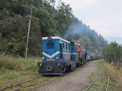 Ein Produktionszug mit 87-0032 (Reihe Mk45) verlässt den Waldbahnhof von Viseu de Sus. Auch schwere Straßenfahrzeuge, wie der Radlader hinter der Lok, werden mit der Bahn in die Wälder befördert.
Schlüsselwörter: Wassertalbahn , Mk45