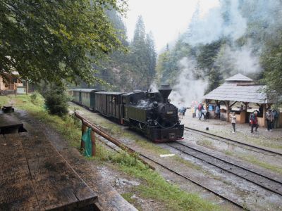 764.421 ist mit ihrem Touristenzug am Bahnhof Paltin angekommen.
Schlüsselwörter: Wassertalbahn , 764