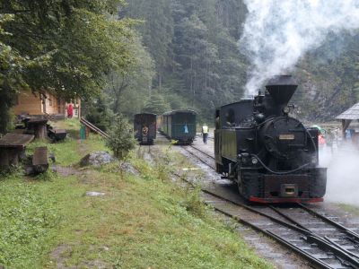 764.421 beim Umsetzen um ihren Touristenzug am Bahnhof Paltin.
Schlüsselwörter: Wassertalbahn , 764