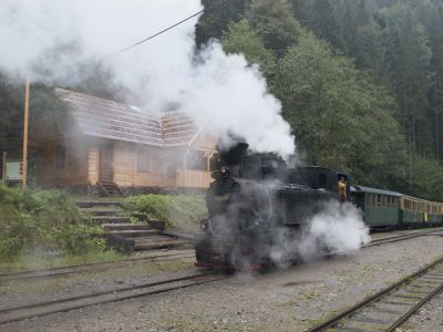 764.421 beim Umsetzen um ihren Touristenzug am Bahnhof Paltin.
Schlüsselwörter: Wassertalbahn , 764