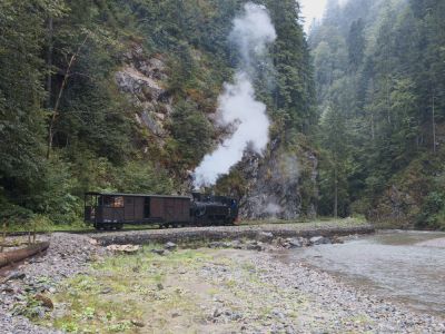 764.421 beim Umsetzen des Dienstwagens/Hilfstenders in Paltin.
Schlüsselwörter: Wassertalbahn , 764