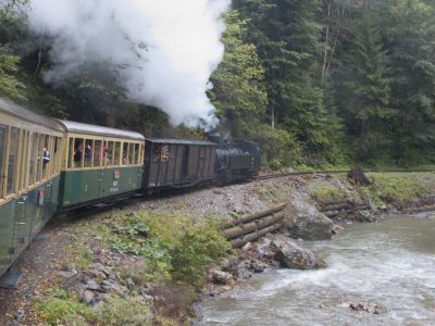 Zurück durchs schluchtartige Tal des Vaser nach Viseu de Sus. Die Wagen stammen von der Wengernalpbahn in der Schweiz.
Schlüsselwörter: Wassertalbahn , 764