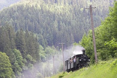 Hinter Pfaffenschlag bilden die dichten Wälder des Mostviertels eine grüne Kulisse.
Schlüsselwörter: Ybbstalbahn , Bergstrecke , Pfaffenschlag , 298.102