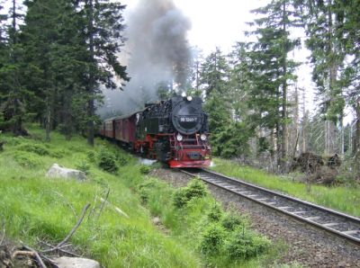 Anstieg zum Brocken
99 7240 bei der anstrengenden Bergfahrt auf den Brocken. Diese Strecke weist einen dichten Zugsverkehr und sehr lange Züge auf.
Schlüsselwörter: Harzer Schmalspurbahnen