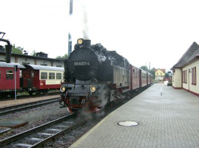 99 6001 in Gernrode
Im Bahnhof Gernrode, bis 2006 Endstation, schwenkt die Meterspurstrecke auf die Trasse der ehemaligen Normalspurbahn nach Quedlinburg ein
Schlüsselwörter: Harzer Schmalspurbahnen