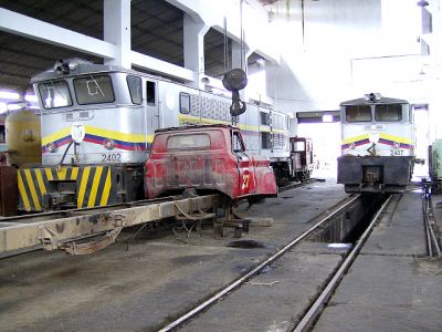 Ferrocarriles Ecuatorianos
Zwei betriebsfähige Maschinen, 2402 und 2407, in der Remise in Ibarra. Davor der Rest des Ferrocamions 27, eines schienengängen LKWs.
Schlüsselwörter: Ferrocarril , Ecuador , Ibarra - Primer Paso