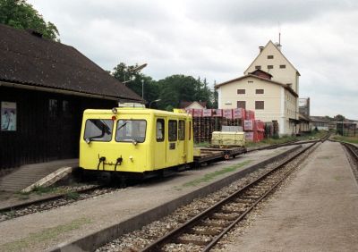 Draisine in Kilb
Eine abgestellte Bahndraisine mit zwei "Platformwagen" im Bahnhof Kilb. Die Gleisanlagen des Lagerhauses sind inzwischen schon überwuchert von Unkraut. Damals gab es längst keinen Güterverkehr mehr.
Schlüsselwörter: Draisine, Kilb